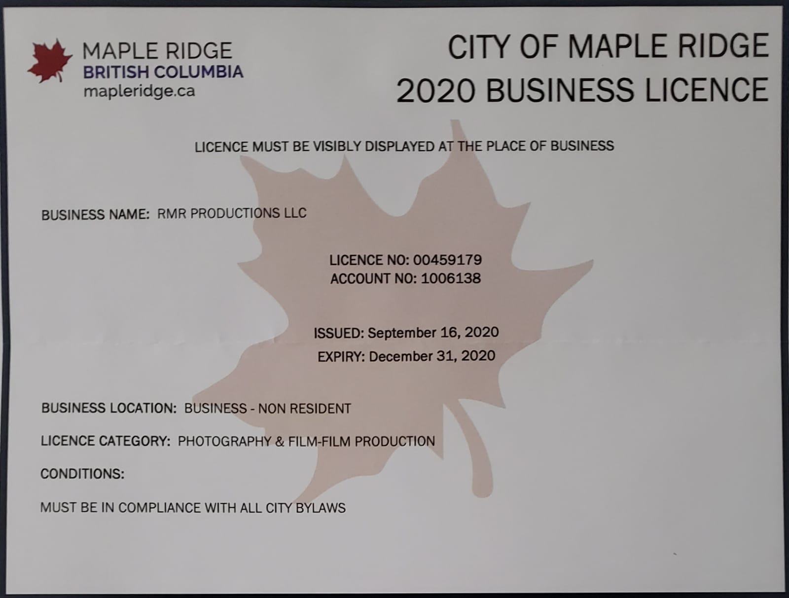 British Columbia Filming Permit